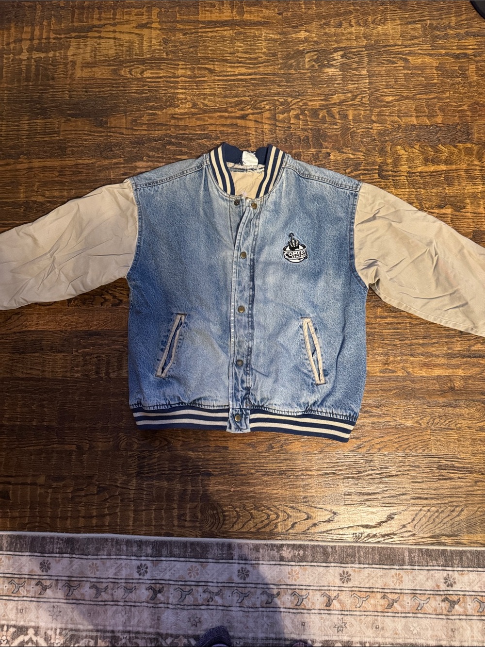 Vintage 90s Comedy Central Promo Two-Tone Denim Varsity Jacket Large Distressed